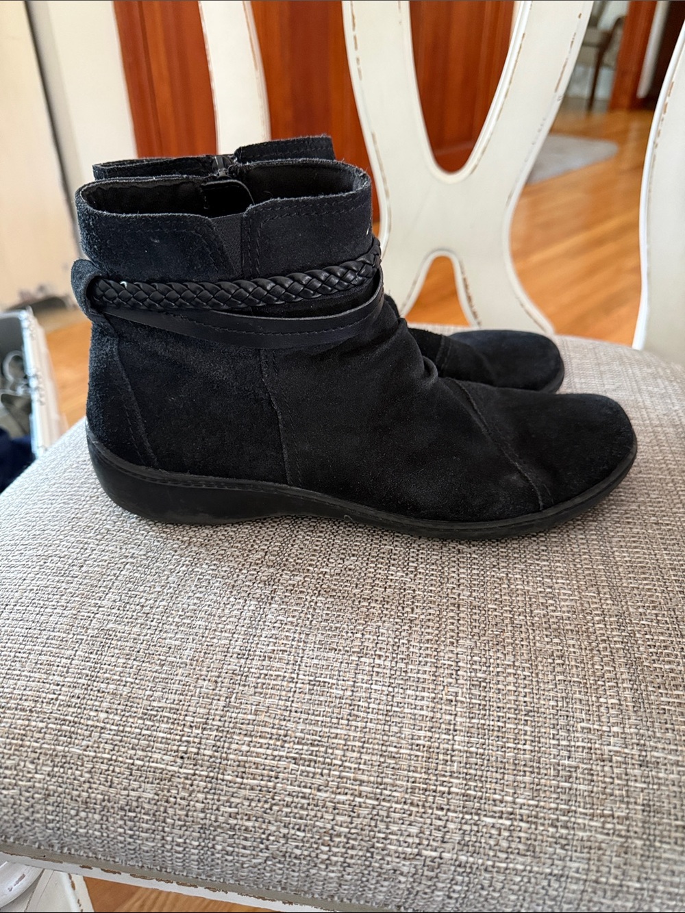 Clarks Women's Black Suede Ankle Boots with Braided Strap